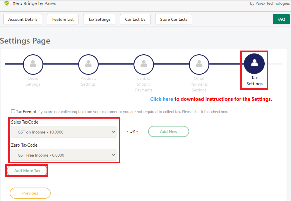 Selecting tax codes in Xero bridge app for Australia and New Zealand and adding more taxes.