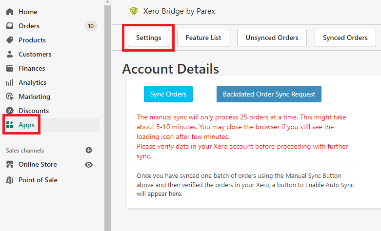 Accessing the app settings of Xero bridge app.