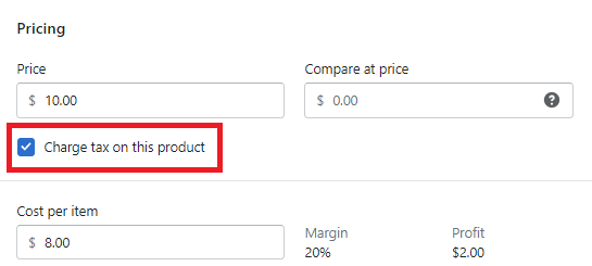 Tax configuration of product in Shopify.