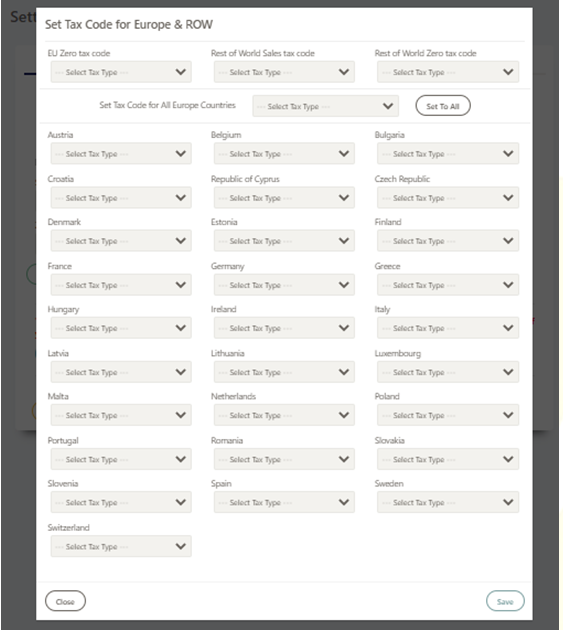 Tax settings European countries in Xero bridge app.