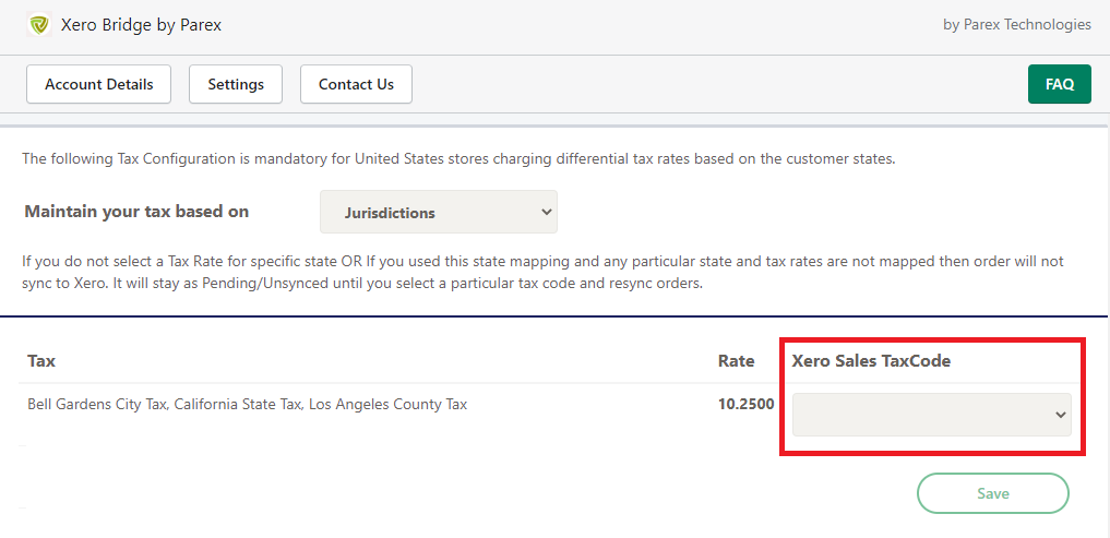 Select Xero sales tax code for USA jurisdiction in Xero bridge app.
