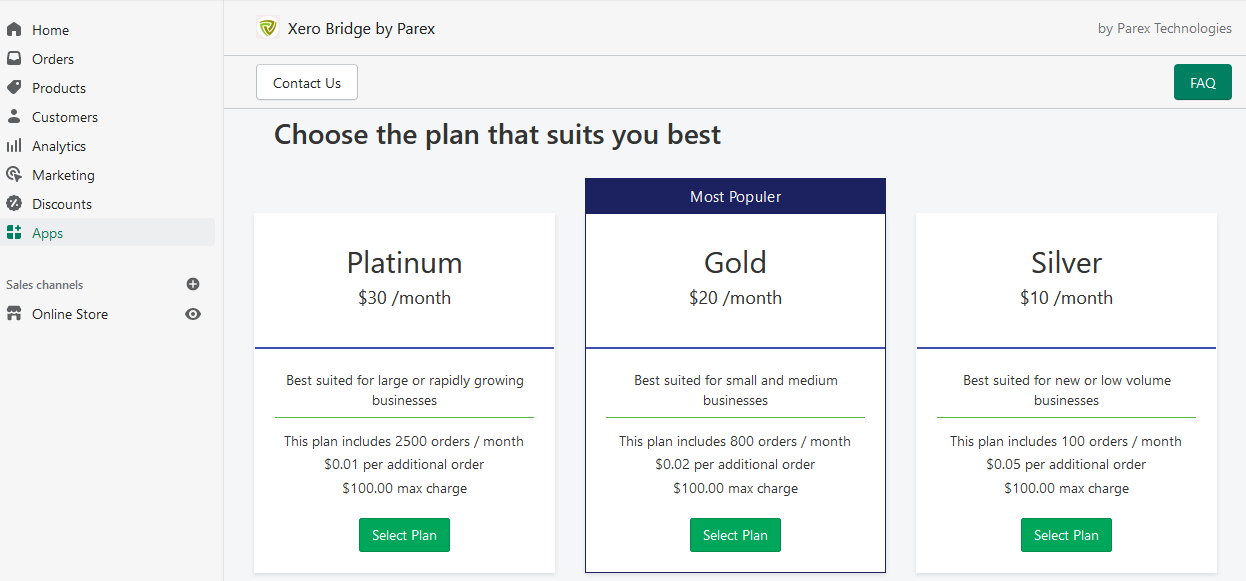 Select the plan for Xero bridge app.