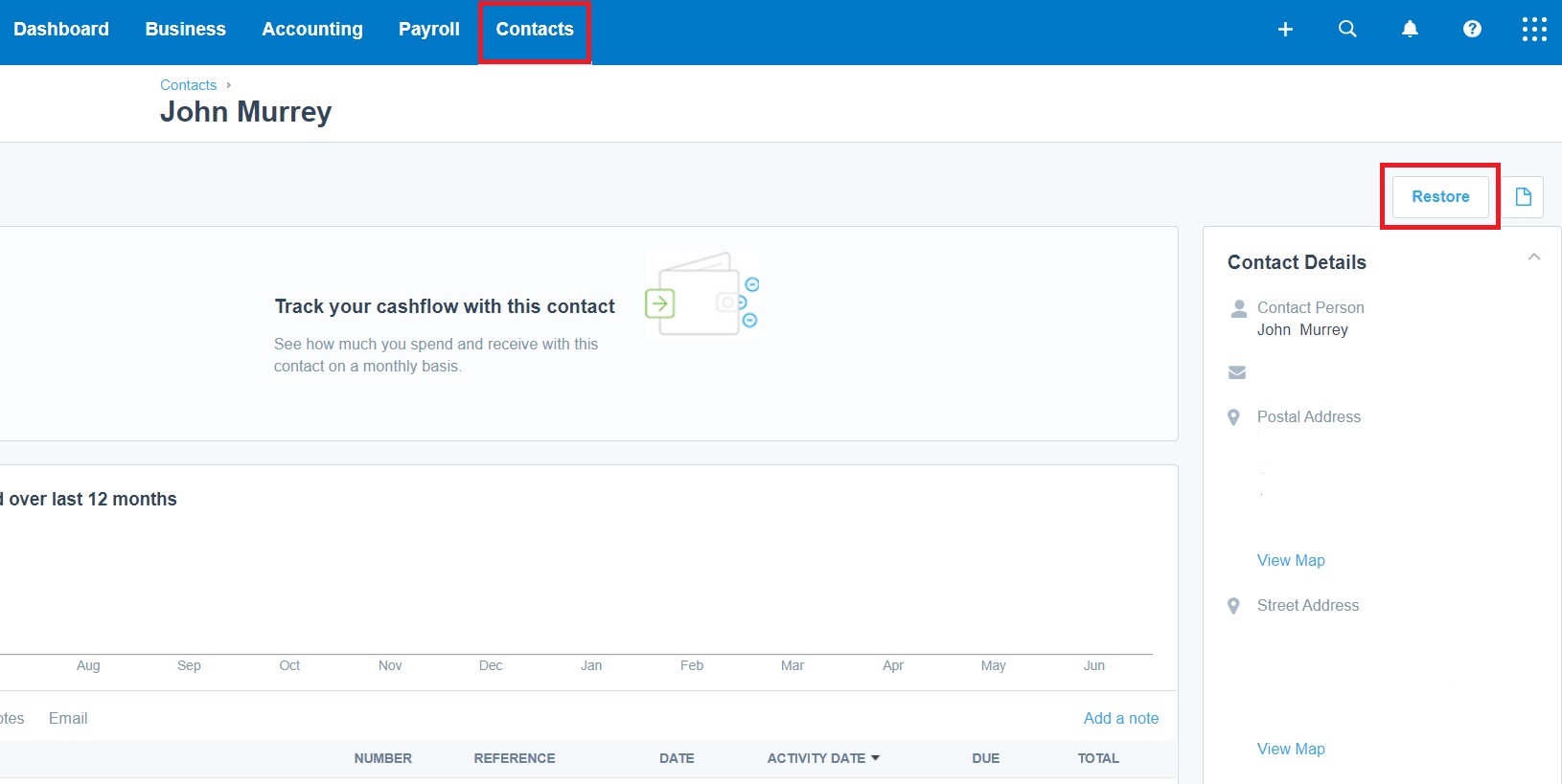 Restoring the contact in Xero.