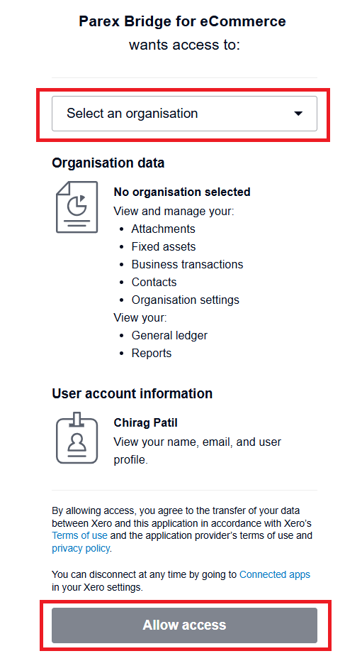 Parex Bridge - Connecting Xero Bridge to new Xero company - Xero Bridge app