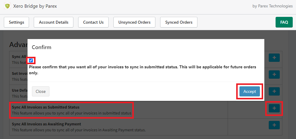 Feature to sync all invoices in Xero as awaiting approval by Parex bridge app.