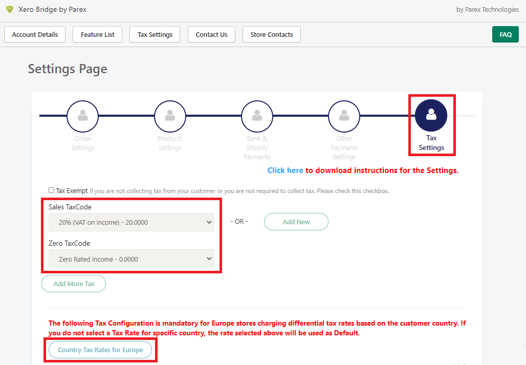 Tax settings for United Kingdom and European countries in Xero bridge app.