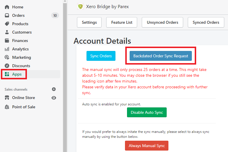 Sending backdated orders sync request from Xero bridge app.