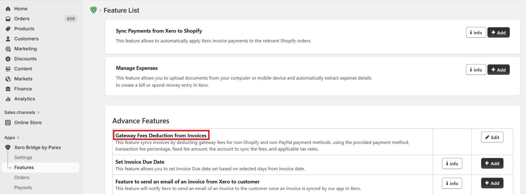 Parex Bridge - Feature to deduct the fees from invoices - Xero Bridge App